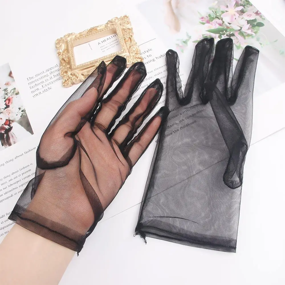 

Fashion Women Ultra Thin Black Faux Silk Wedding Opera Gloves Mesh Short Gloves Finger Gloves