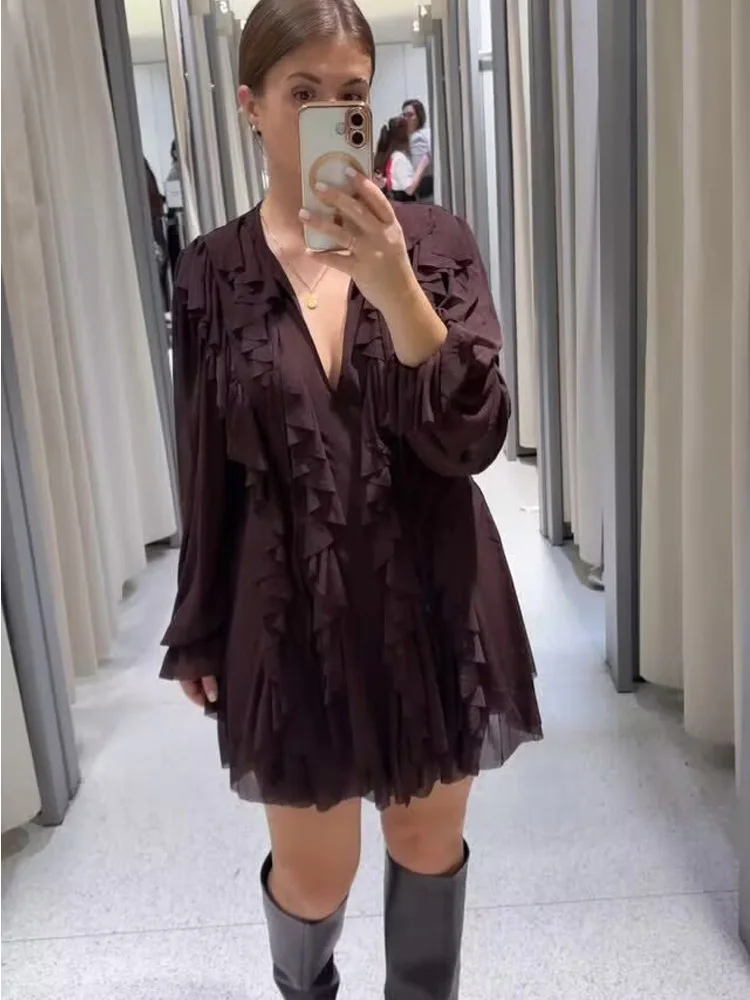 MUJER 2025 Rüschen Kurze Kleider für Frauen Plissee Tüll Partykleid Frauen Semi Sheer Damen Sommerkleid Fee Minikleid Frau