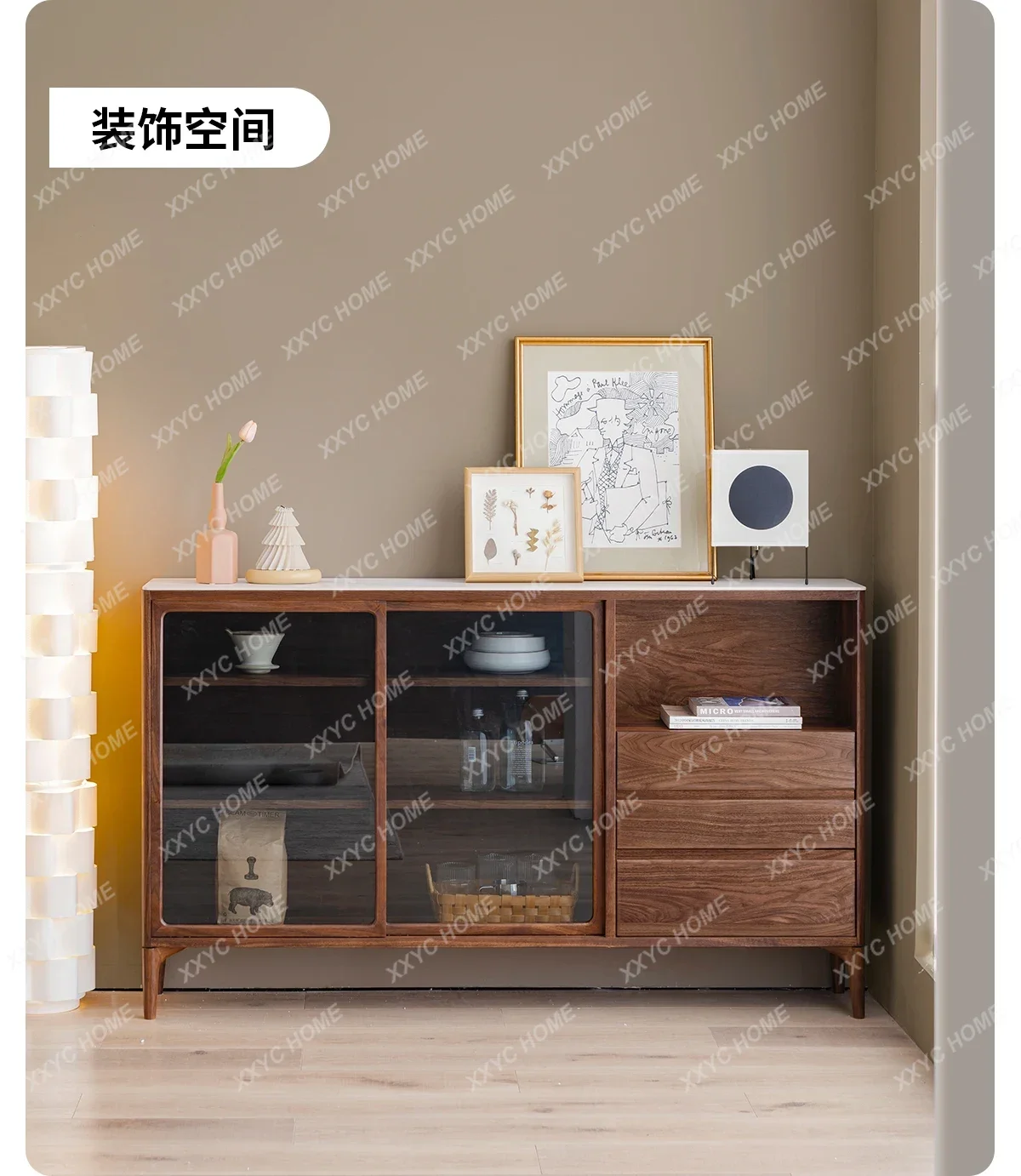 X Walnut Wood Sideboard Cabinet Ultra-Thin Solid Wood Side Cabinet Stone Plate Storage Small Size Wall Living Room