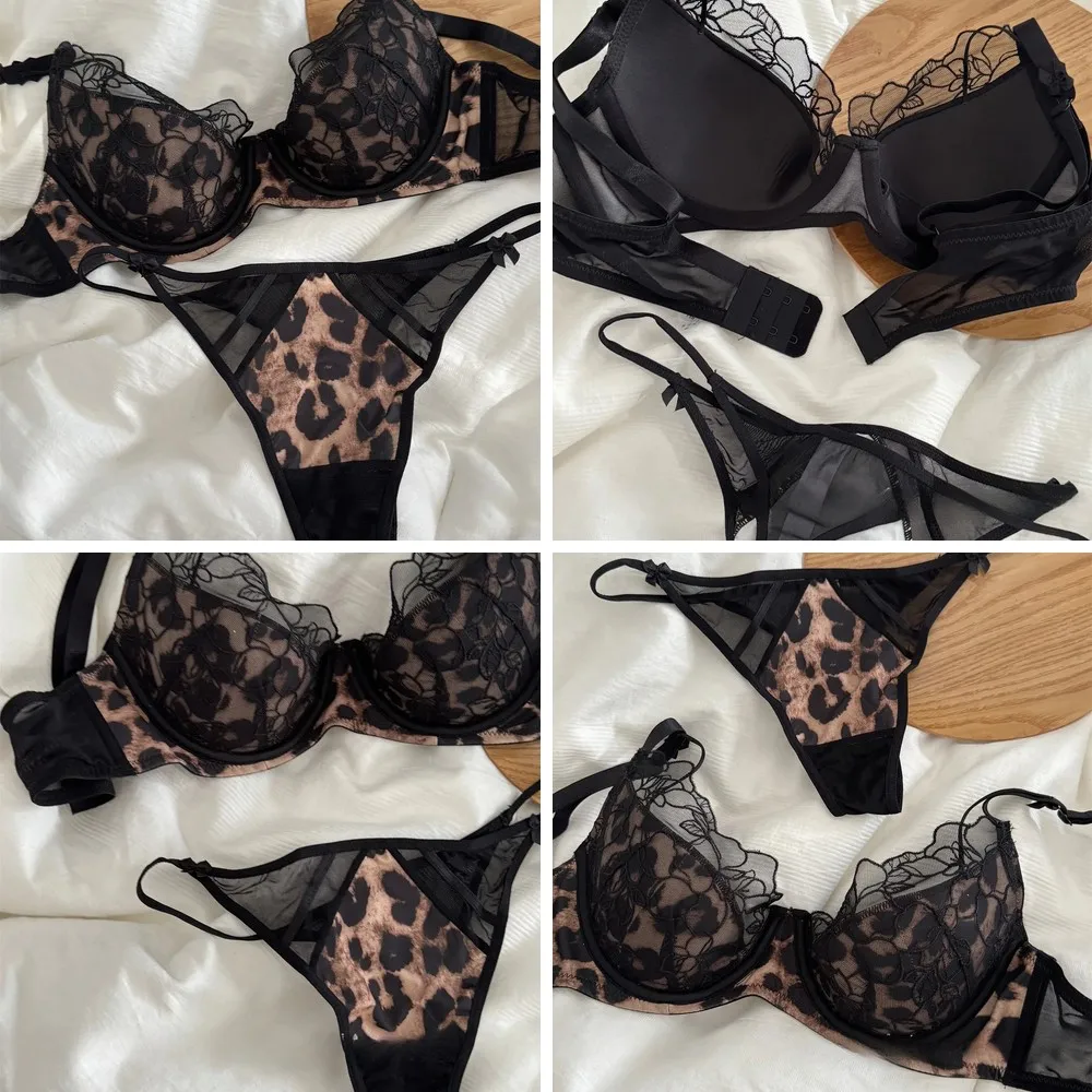 

Leopard Print Lace Underwear Set, Thin Cup Breathable Bra with Gather & Support for Large Breasts