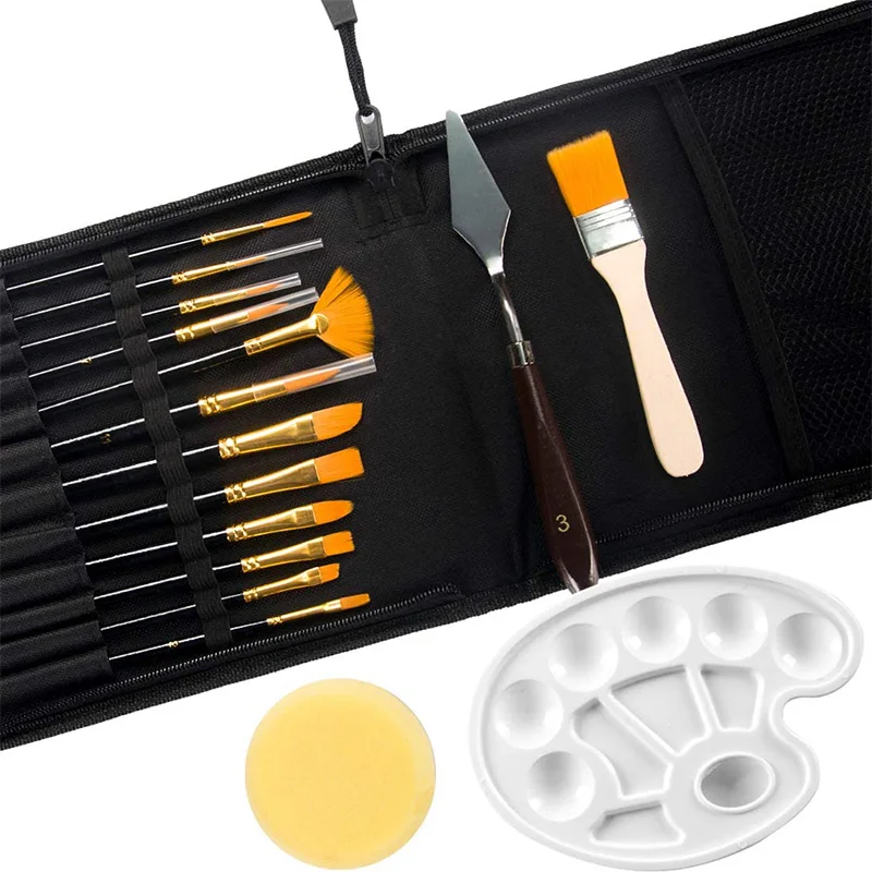 

16 Pcs Paint Brushes Set 12 Sizes Painting Brush With Palette Knife, Sponge And Oil Tray For Acrylic, Watercolor