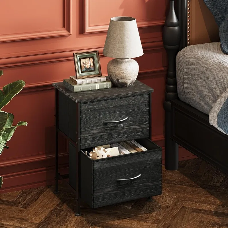 Night Stand, Small Dresser with Drawers, Dresser for Bedroom with 2 Fabric Drawer, Black Bedside Table End Table