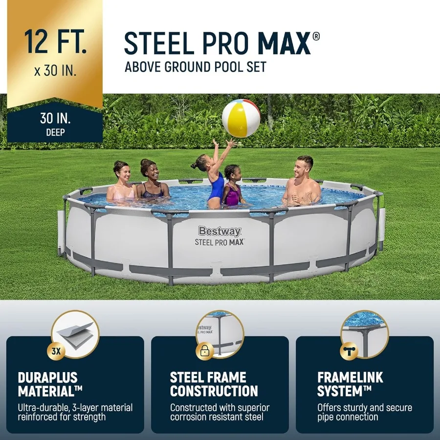 Steel Pro MAX Set di piscine rotonde fuori terra da 12 piedi per 30 pollici Piscina familiare con struttura in metallo per esterni con pompa filtro Grigio