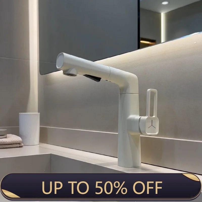 All Copper Lamian Noodles Basin Milk White Hot Cold Faucet Household Lift Bathroom Gun Ash Wash Basin Faucet