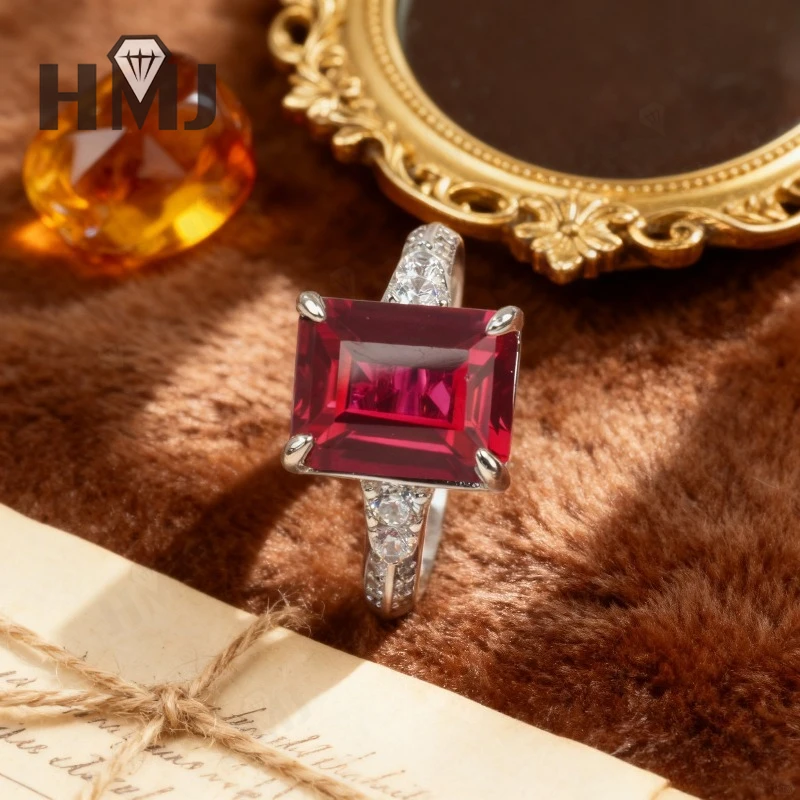 Lab Grown Columbia Emerald/Sapphire/Ruby Emerald Cut Ring Elegant Gemstone Jewelry for Women Christmas and Easter Gift