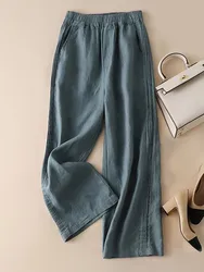 Pantalon décontracté en coton et lin pour femmes, couleur unie, taille haute élastique, jambes larges, nouvelle collection printemps 2022, fjD095