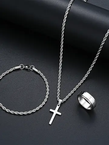 Stainless Steel Simple Jewelry Set For Men Women Fashion Silver Color Cross Pendant Twisted Rope Necklace Bracelets Ring Gifts