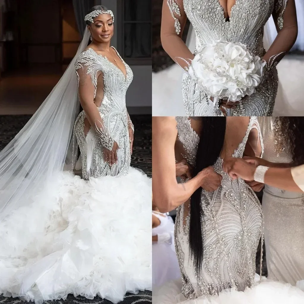 

Customized Mermaid Weddding Dresse Remove Train Puffy Slit One Shoulderr Satin Lace Crystal Diamond Romantic Black Girl Bridal G