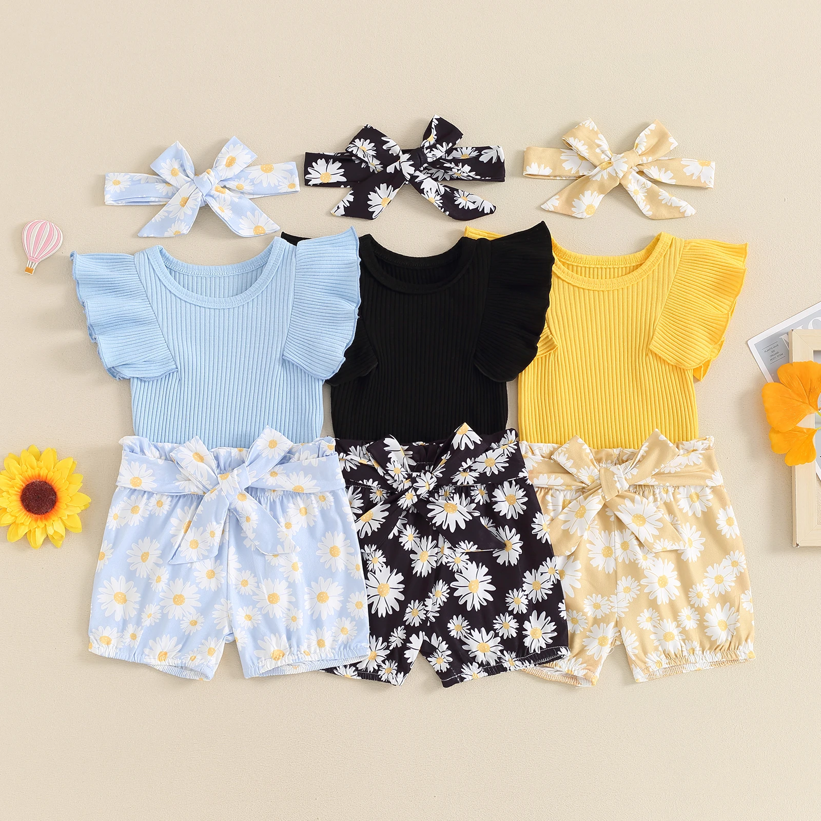 

Baby Girl 3 Piece Set Fly Sleeve Ribbed Romper + Daisy Print Shorts with Fixed Belt + Headband Toddler Summer Outfits