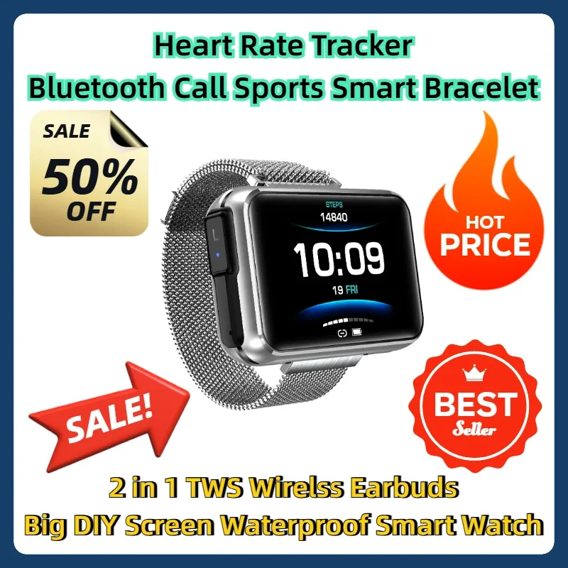 

Heart Rate Tracker Bluetooth Call Sports Smart Bracelet 2 in 1 TWS Wirelss Earbuds Big DIY Screen Waterproof Smart Watch