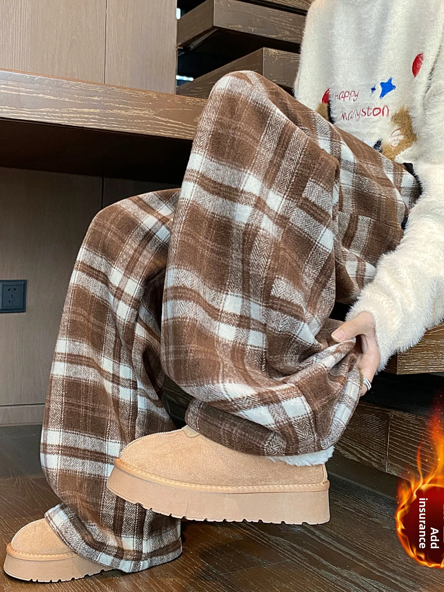 

Мужские зимние повседневные брюки с прямыми штанинами на подкладке, свободный крой, цветные брюки в клетку, свободные широкие брюки в американском стиле Sle Faion...