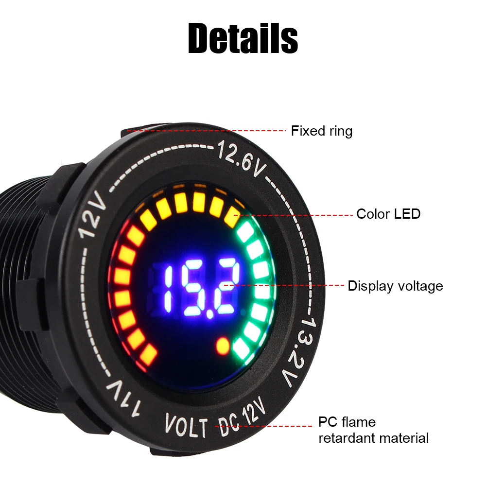 Voltmetro con display digitale DC 12V Ricambi auto per moto, auto, barca, schermo LED colorato in lega di alluminio