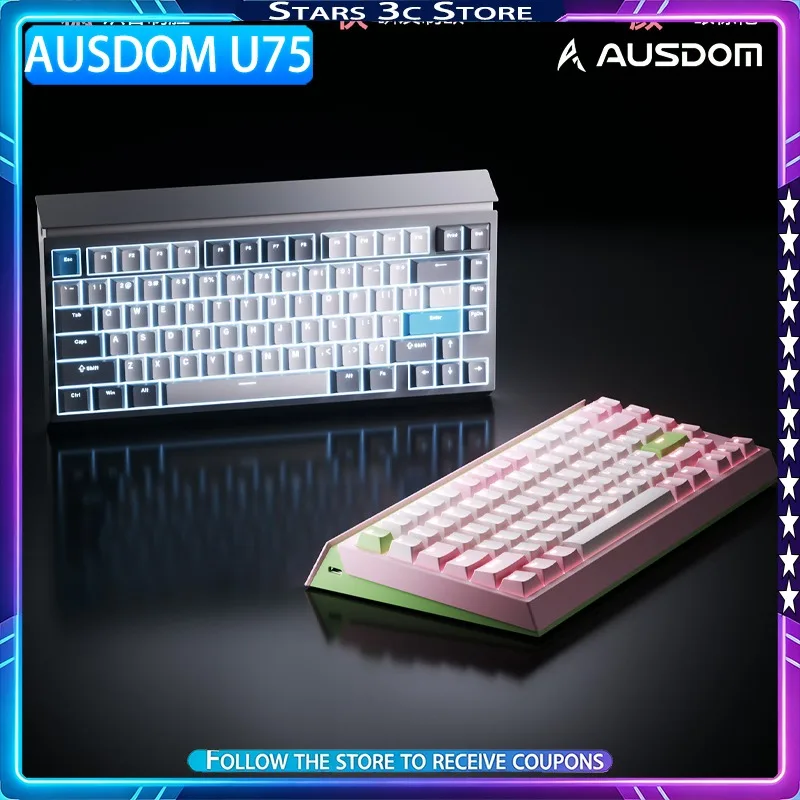 AUSDOM U75 Mechanical Keyboard Wireless Tri Mode 0.1ms Imperceptible Latency Gasket Structure Hot Swappable RGB Gaming Keyboard