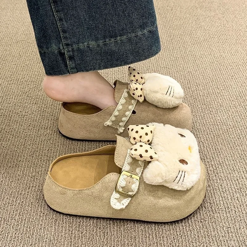 

Cartoon Hello Kitty Embroidered Lace Slippers Autumn And Winter Thick Soles Comfortable Cute Outdoor Boken Warm Cotton Slippers