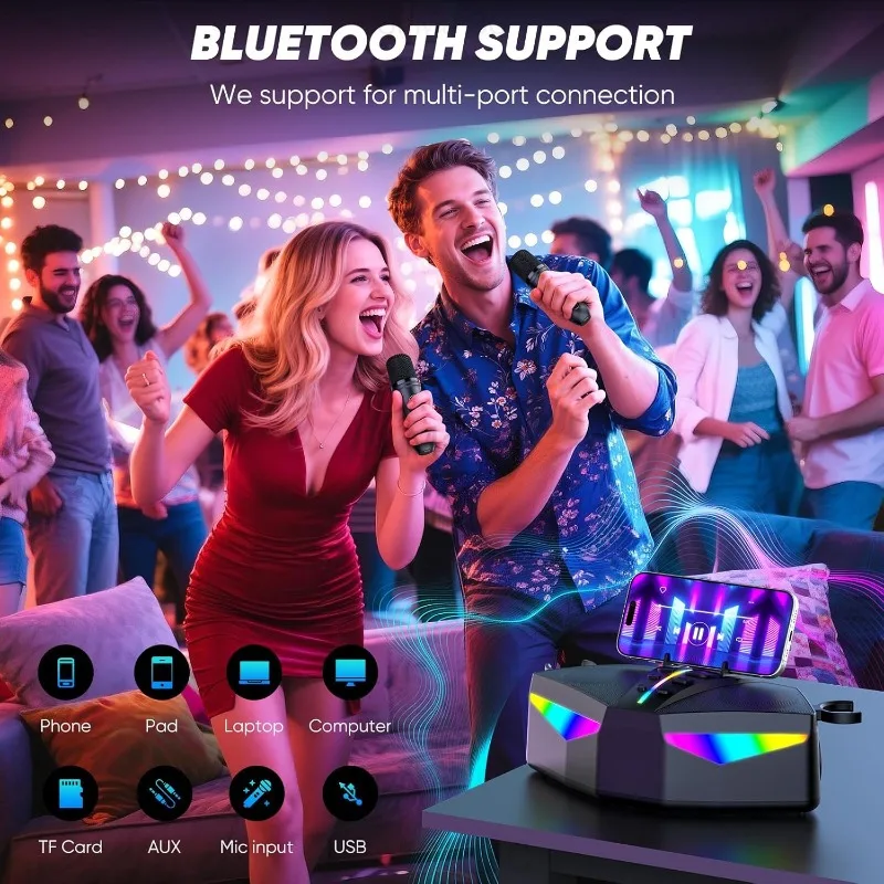

Multi-function Karaoke Machine for Home Party Portable Microphone Bluetooth Speaker with RGB Lights Support TF Card/USB/AUX Play