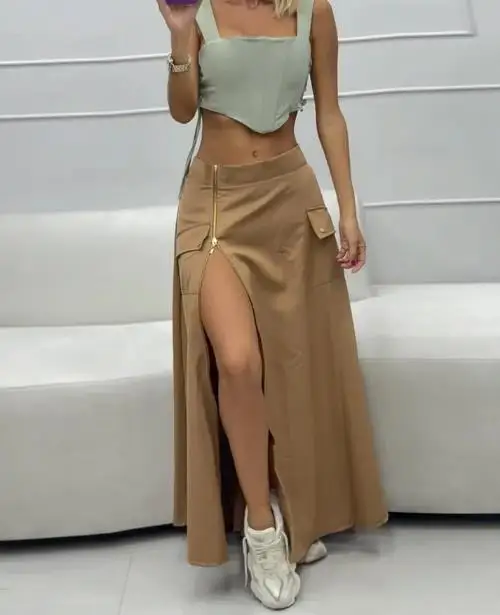 

Two Piece Set Women Outfit 2025 Summer New Solid Color Sleeveless Lace Up Irregular Hem Crop Vest & High Waist Slit Skirt Set