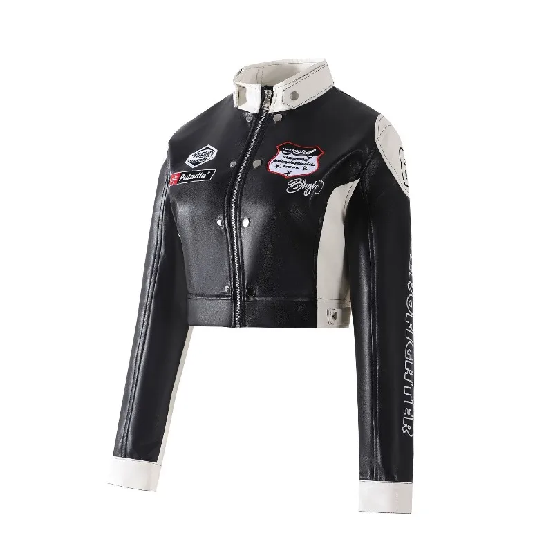 Embroidery PU Faux Leather Jackets for Women Streetwear Biker Jackets Short Coats Bomber Jacket Women Clothing Outerwears