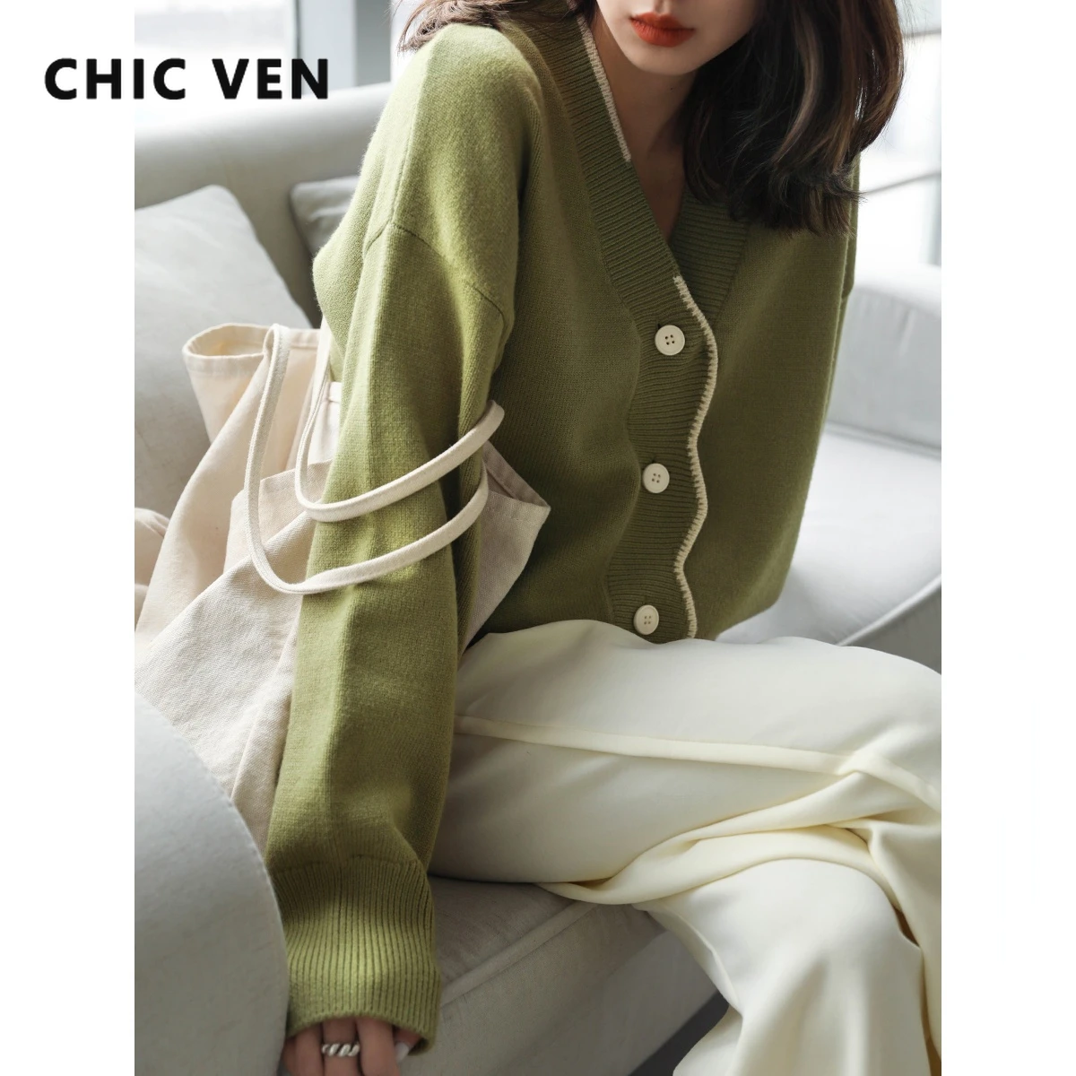 CHIC VEN  Women\'s Cardigan Basic Solid Loose Sweaters V Neck Long Sleeve Female Tops for Woman Lady Coat Spring Autumn 2022