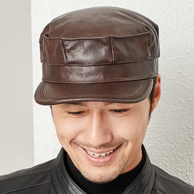 

New 2022 wholesale Spring Autumn Thermal Genuine Leather Hats Woman Cap Cadet Cap Man Military hat Cowhide Leather Cap