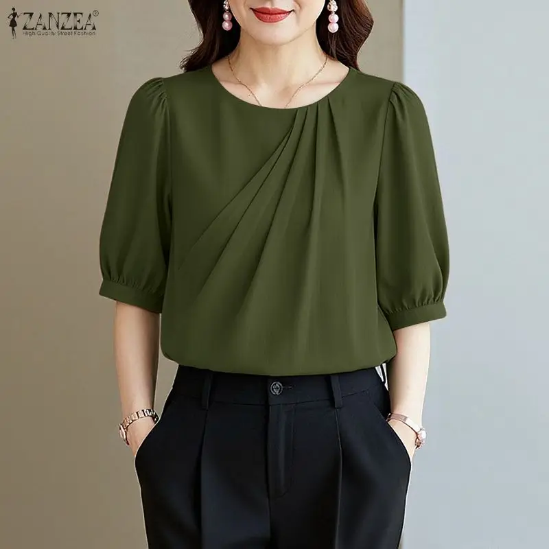 

2026 ZANZEA Summer Women Tops Elegant Solid OL Work Blouse Casual O Neck Short Sleeve Shirt Stylish Holiday Tunic Mujer Oversize