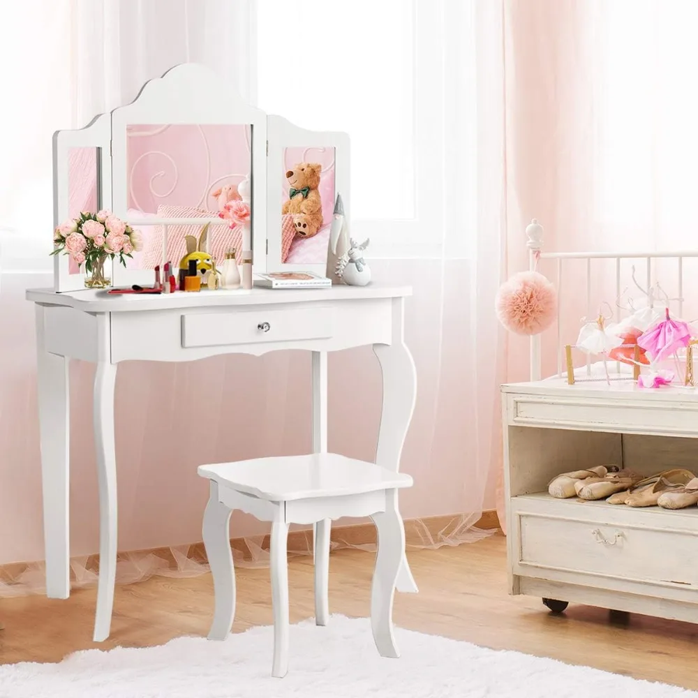 

Kids Wooden Vanity Table & Stool Set, 2 in 1 Detachable Design with Dressing Table and Writing Desk, for Girls, Kids (White)