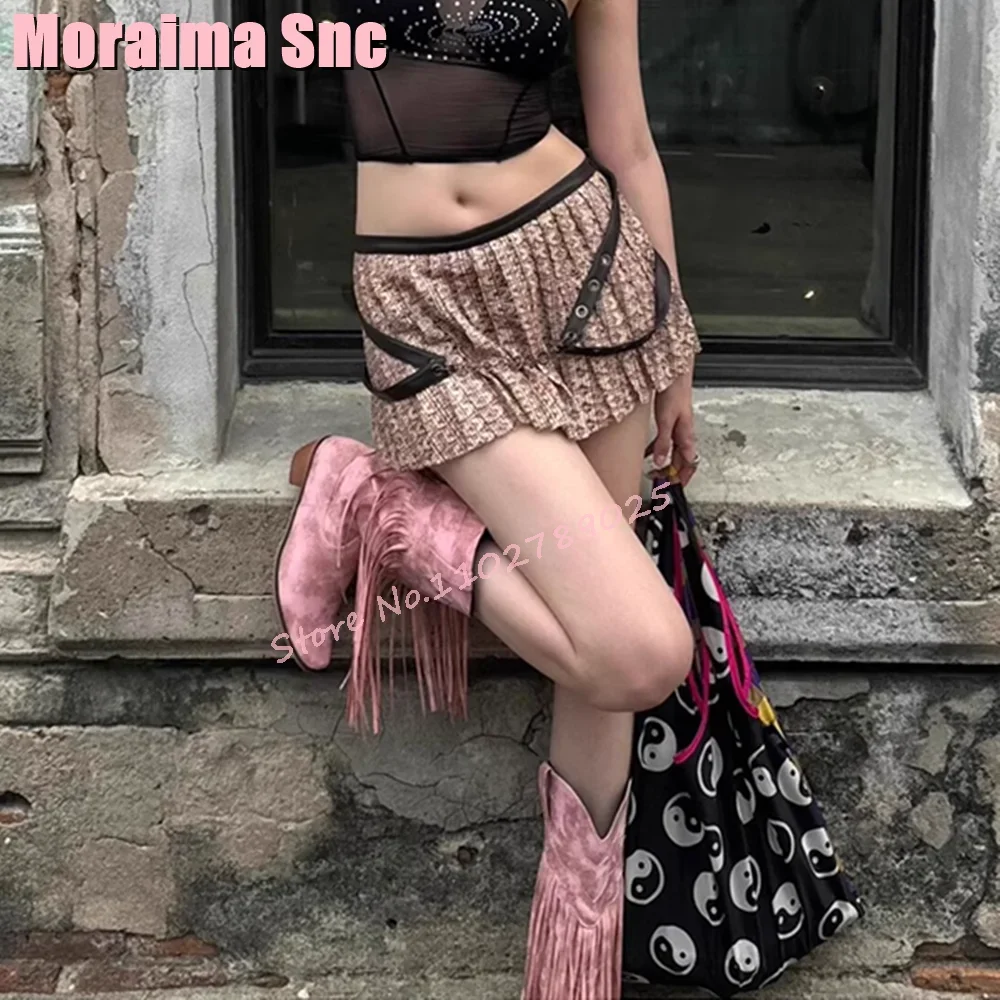 الوردي هامش أشار تو منتصف العجل الأحذية كتلة صندل بكعب مكتنز الانزلاق على الرجعية نمط الصلبة النساء الأحذية الغربية الخريف الشتاء 2024 جديد