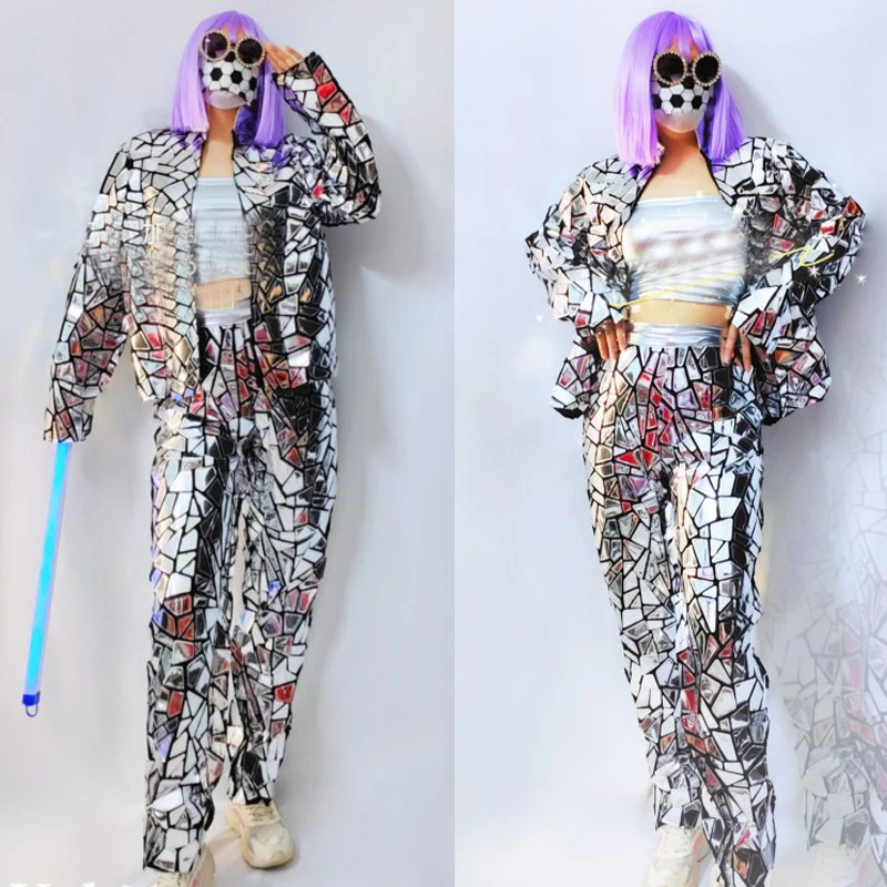 

Silver Mirrors Costume Bar Nightclub Dj Ds Gogo Wear Women Pole Dance Clothes Stage Performance Jazz Clothing Rave Outfit XS5500