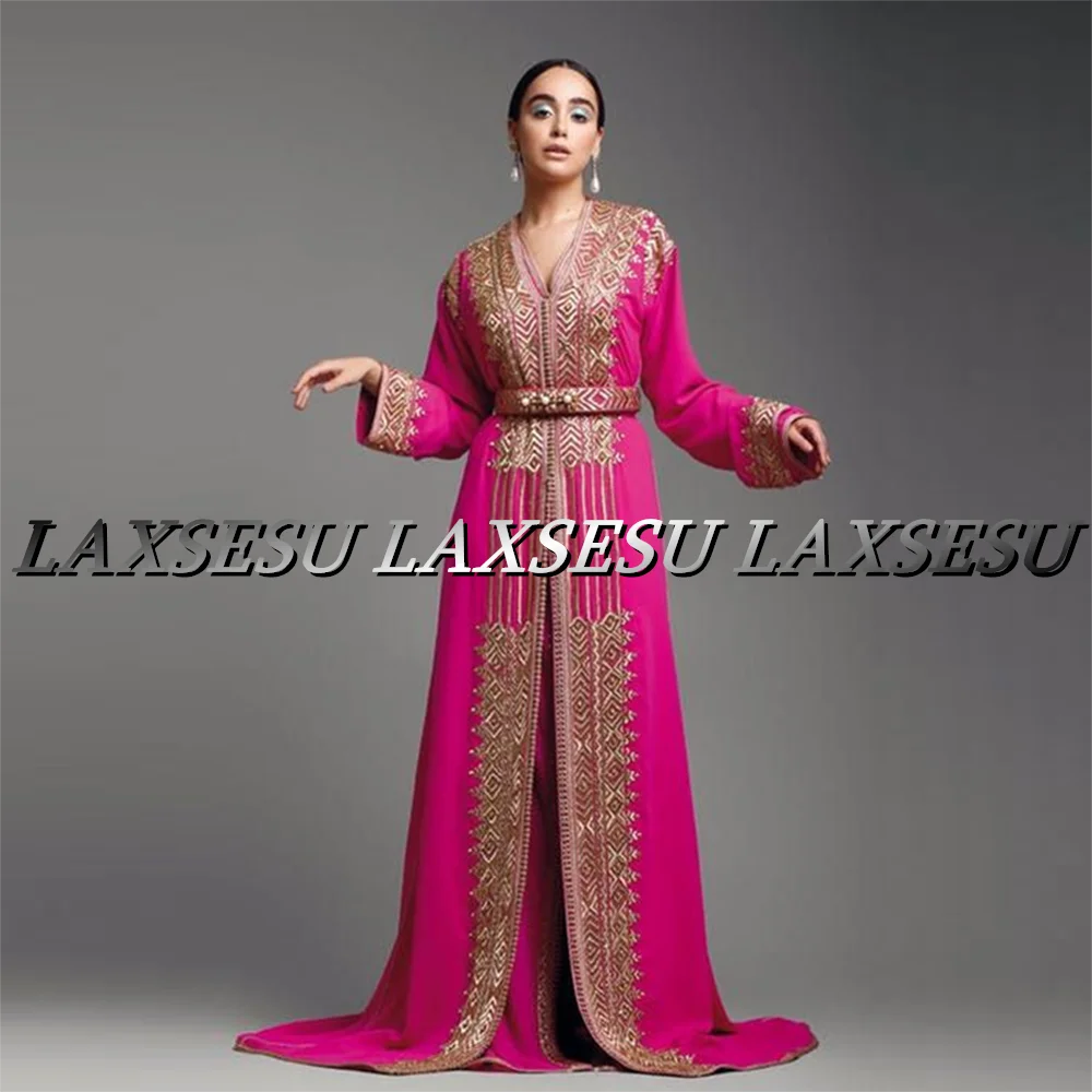 Laxsesu-Robe de soirée caftan marocain, rouge rose, manches longues, Arabie saoudite, robes de Rh, appliques en dentelle, robe de mariée, 2022