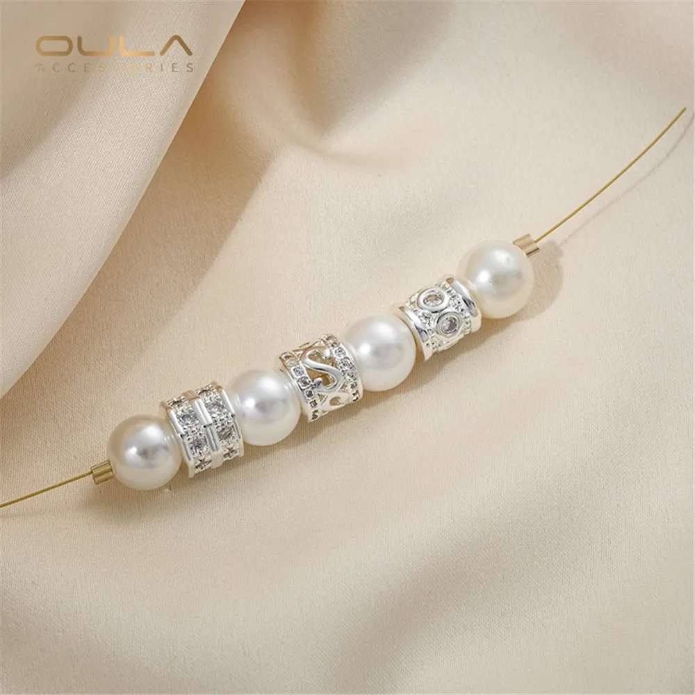 Thick Silver Inlaid Zircon Bucket Beads, Large Hole Wheel Partition Beads, Road Pass Handcrafted Diy Beaded Jewelry Accessory