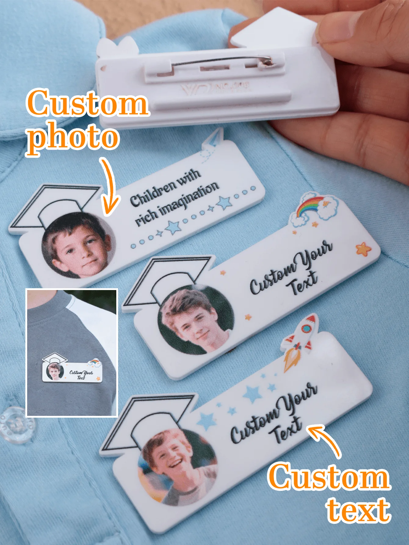 Individuelle Anstecknadeln, Personalisierte Abschluss-Broschen, Maßgefertigte Broschen mit Fotos und Text, Anpassbare Bild-Abschlussgeschenke