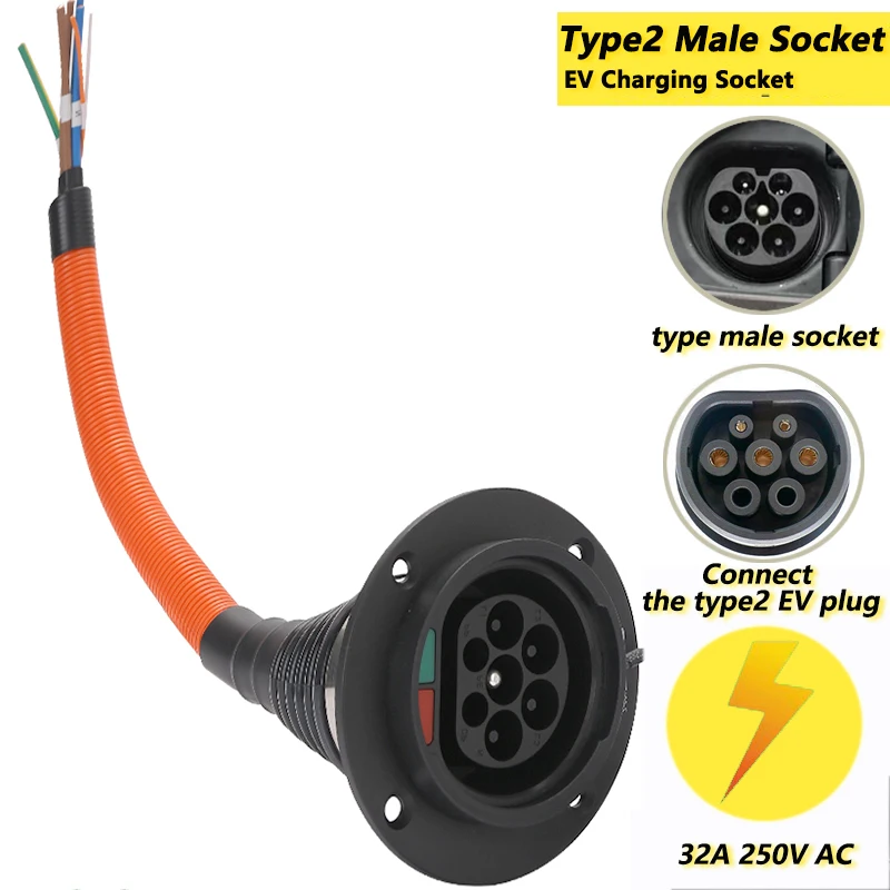 Type2 Socket Iec 62196 Type 2 Ev Auto Zijaansluiting Evse 16a 32a Elektrische Auto Oplaadaansluiting Met 50Cm Snoer Europese Standaard