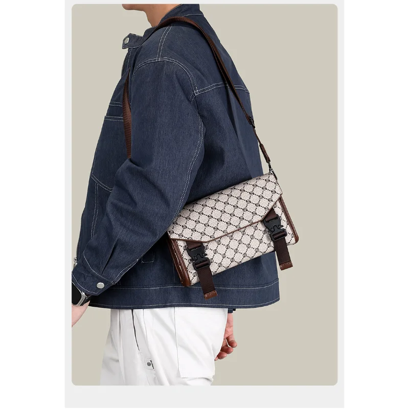 Men Classic Geometric Printed Crossbody Sling Bag Gray Pattern Buckle Closure Casual Daily Commute Shoulder Bag