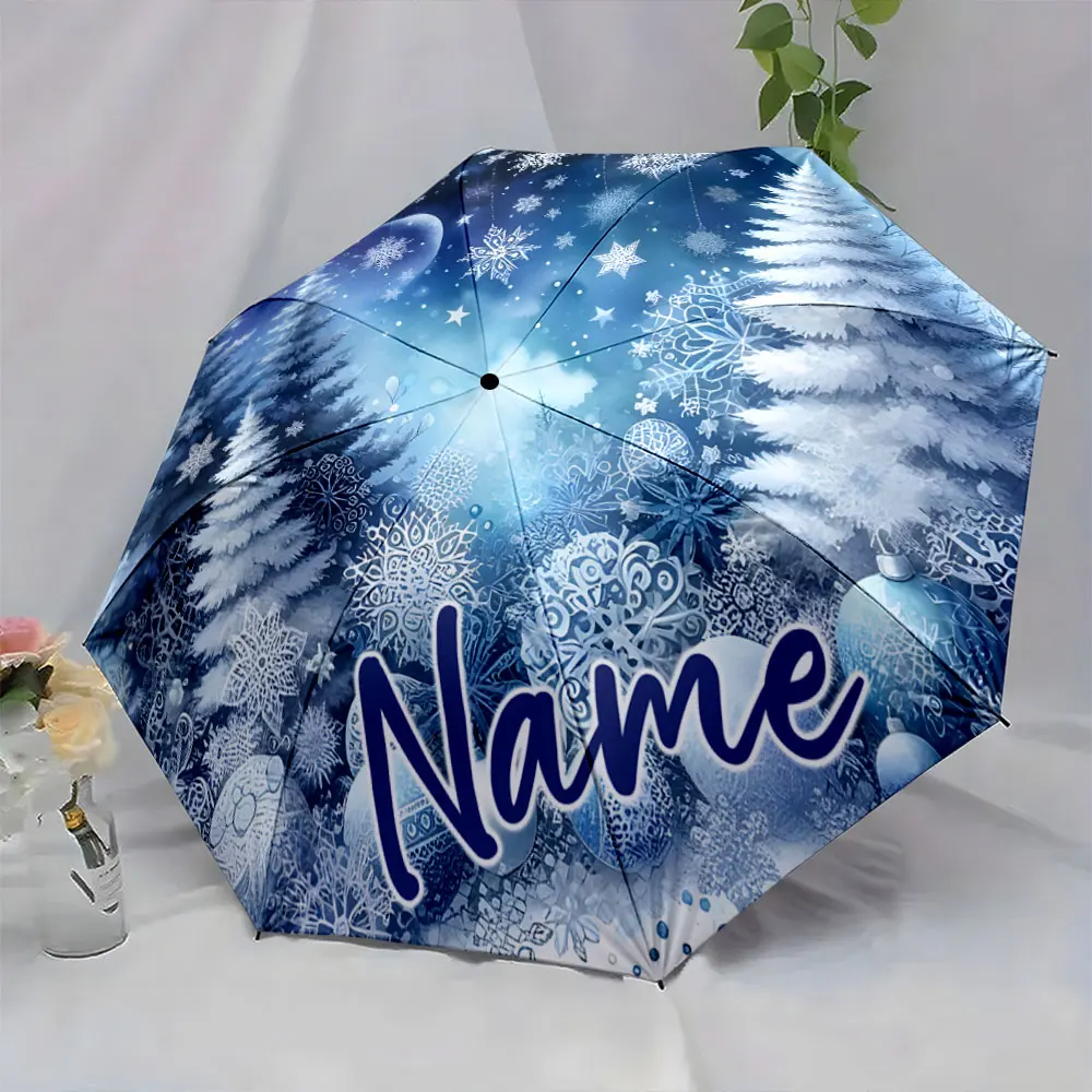Custom Name Winter Night Theme Umbrella with Snowflake Design Print 8 Iron Ribs Folding Umbrella Auto-Open Fashion Sunshade