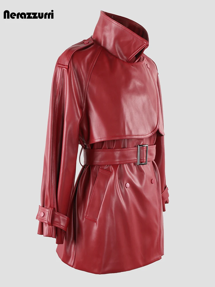 Nerazzurri-gabardina de piel sintética para mujer, abrigo elegante de lujo, color rojo vino, cinturón, ropa de alta calidad, primavera y otoño, 2023