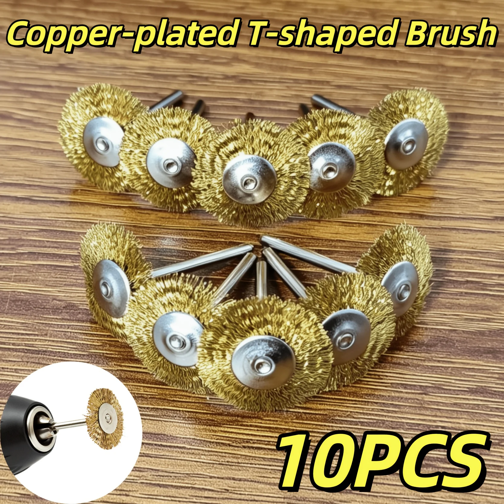 10Pcs Copper‑Plated T‑Shape Brush Set 3.0mm Shank Mini Rotary Brushes Rust Removal Polishing Deburring Surface Treatment for Ele