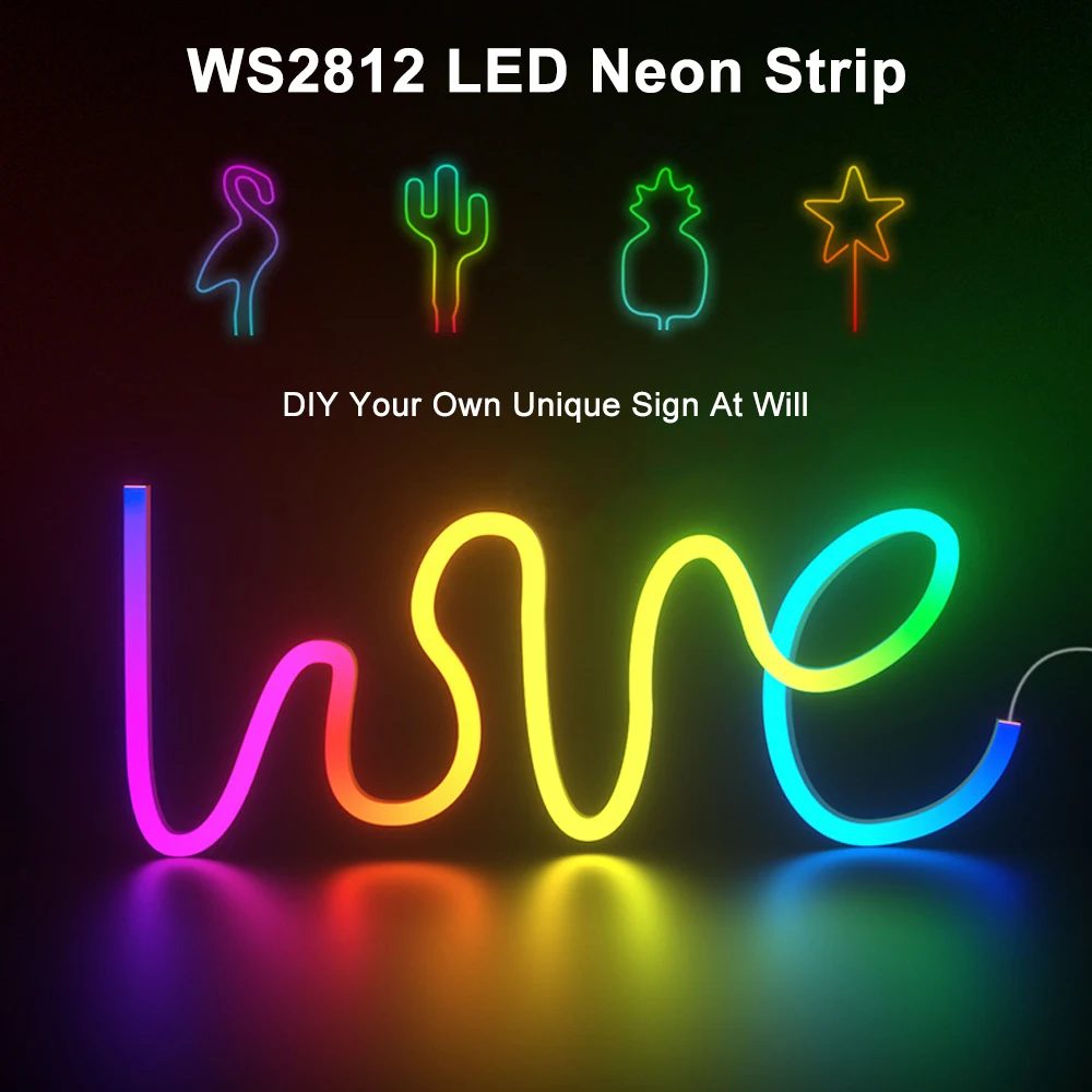 WS2812 RGB Neon LED Strip Light With 28Key Blutooth App Remote Waterproof Silicone Gel Sign Soft Flexible For Room Wall Decor