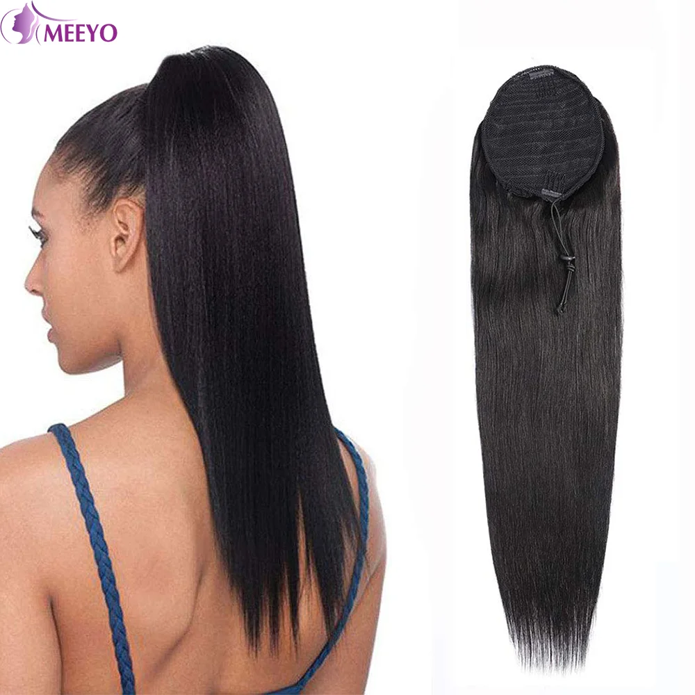 

Прямой хвост на шнурке, наращивание человеческих волос, натуральный черный зажим на шнурке, наращивание волос в хвосте, 16-26 дюймов для женщин