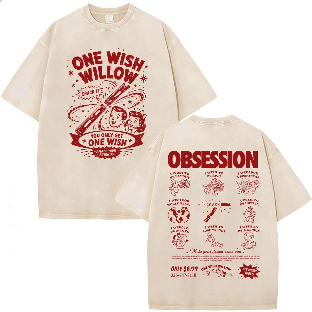 Movie Obsession One Wish Willow Vintage Washed T-Shirts für Männer und Frauen, Gothic, lässig, übergroß, kurzärmelig, O-Ausschnitt – Detail 3