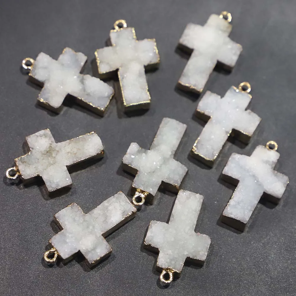 4pcs/lot New Selling Natural Stone White Agate Druzy Cross Pendant Men Women Unisex Charms DIY Fashion Jewelry Necklace Making