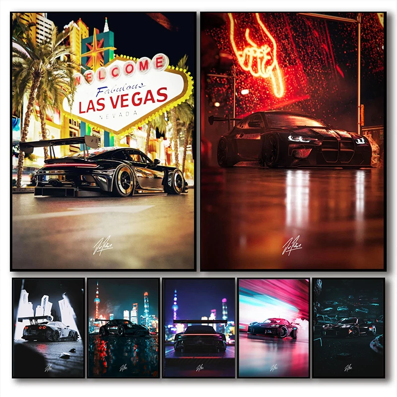 Póster de coche deportivo moderno de SHANGHAI, LAS VEGAS, NIGHTS, TOKYO DRIFT Cars, impresiones en lienzo, pintura, decoración de la habitación del hogar, arte de pared, imagen