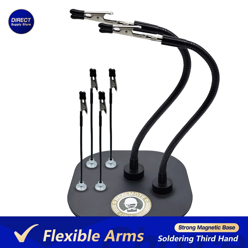 Soldering Third Hand with Strong Magnetic Base, Flexible Arms PCB Holder for Electronics Repair – Alligator Clip Welding Tool