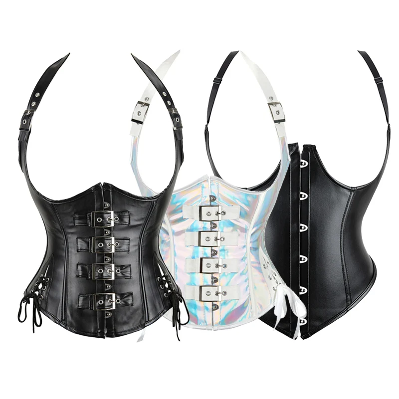 Steampunk PU Leather Corset Top Halter Shoulder Straps Sexy Bustiers Lace Up Slim Waist Body Shapewear Women Slimming Belt