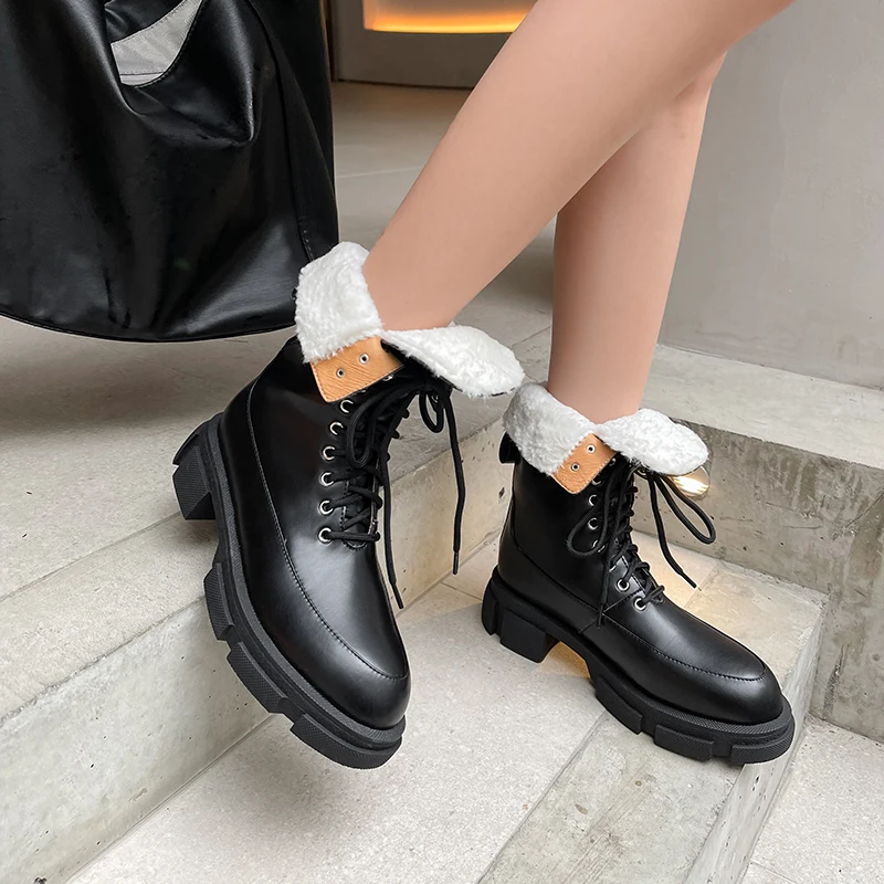 2022 New Winter Genuine Leather Women Boots Fur Warm Boots Snow Boots Lace-up Platform Boots Black White Motorcycle Boots Shoes