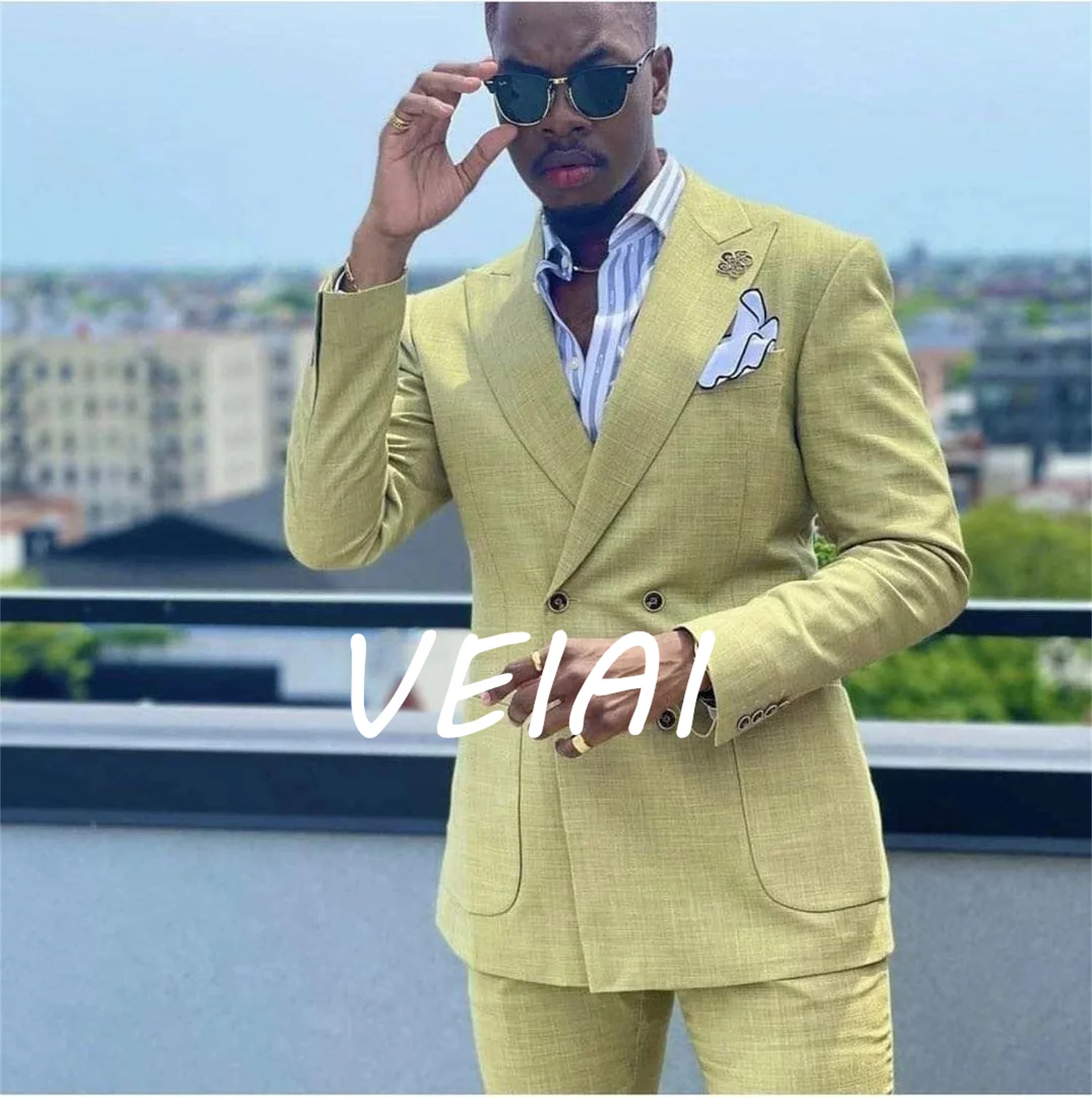 

CustomizedNew Fashion Hot Summer Yellow Linen Men Suits Costume Homme Wedding Groom Tuxedo Terno Masculino Slim Fit Prom Blazer