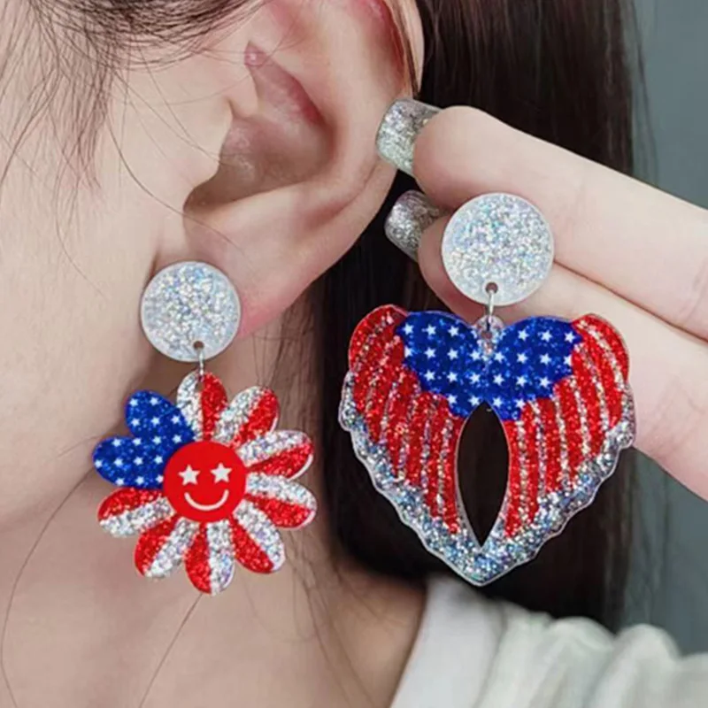 Independence Day Party Stud Earrings Set For Woman Fashion USA Flag Striped Stars Acrylic Pendant Jewelry Gifts