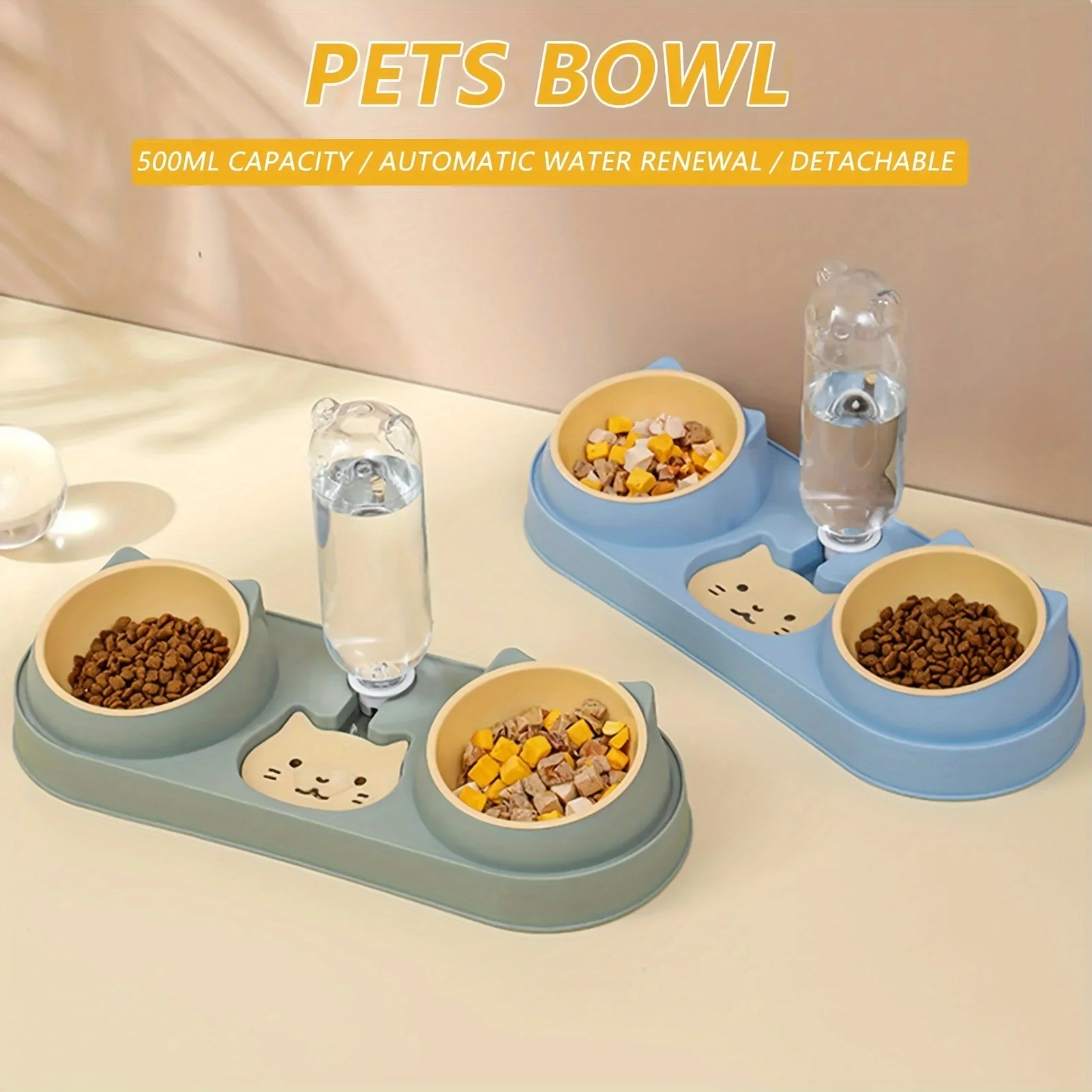 Cat Bowl With Automatic Water Food Bowl Anti Slip Anti Spill Neck Protective Pet Dish Set For Cats Dual BowlsFor Food & Water