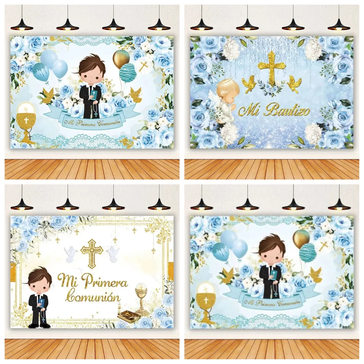 

My First Communion Backdrop Girl Boy Baby Shower Birthday Party Decoration Baptism Gold Cross God Bless Photography Background