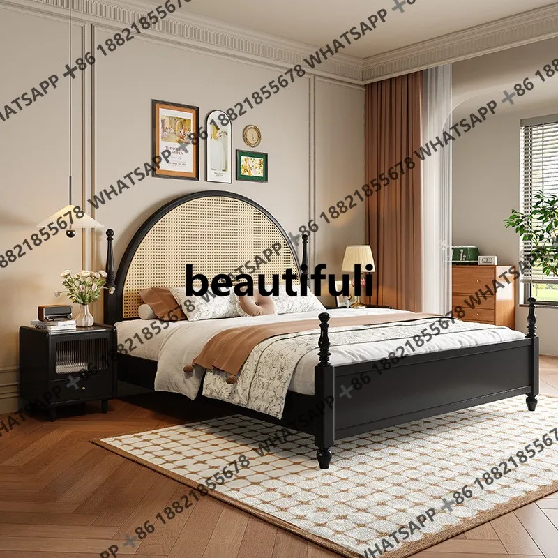 

Retro style solid wood, double bed, master bedroom, homestay rattan bed black
