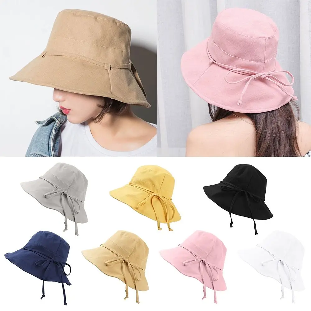 

Foldable Women Bucket Hat New Solid Color Sunscreen Panama Fisherman Hat Adjustable Bow Sun Visors Sun Prevent Hats