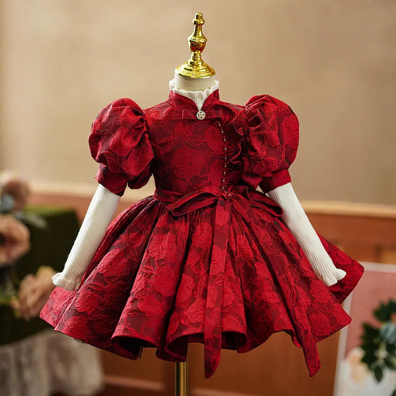 

Girls' First Birthday Dress High-End Baby Girl Princess Dress Red Chinese Style Flower Girl Children's Host Performance Dress Su